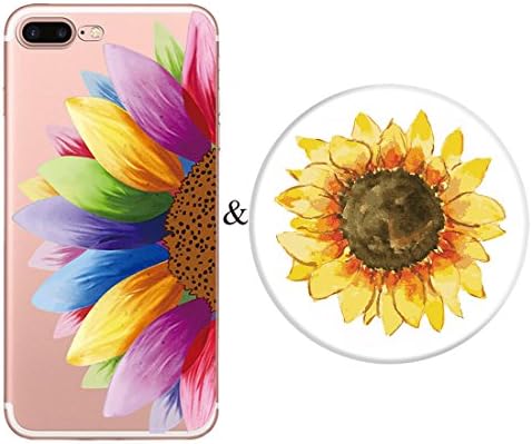 iPhone 8 Plus Case and Expanding Stand Set,Karri CC Sunflower Floral Prints Clear Flexible Soft TPU Cover and Multifunction Grip Pop Mount Socket for iPhone 8 Plus