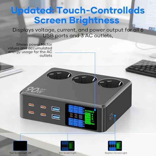 CKCN Power Strip with USB C 6-Port (90 W), Socket Cube 2500 W with LED Display, Multiple Socket with USB Charging Station, Multiple PD Surge Protection Sockets, Extension Cable, 1.2 m, Black