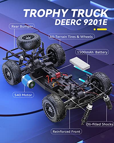 DEERC 9201E 1:10 Large Remote Control Truck with Lights, Fast Short Course RC Car, 48 km/h 4x4 Off-Road Hobby Grade Toy Monster Crawler Electric Vehicle with 2 Rechargeable Batteries for Adult Kid