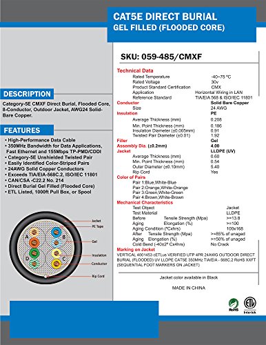 Vertical Cable Cat5e, 350 Mhz, UTP, Gel Filled (Flooded Core), Direct Burial, 1000ft, Black, Bulk Ethernet Cable