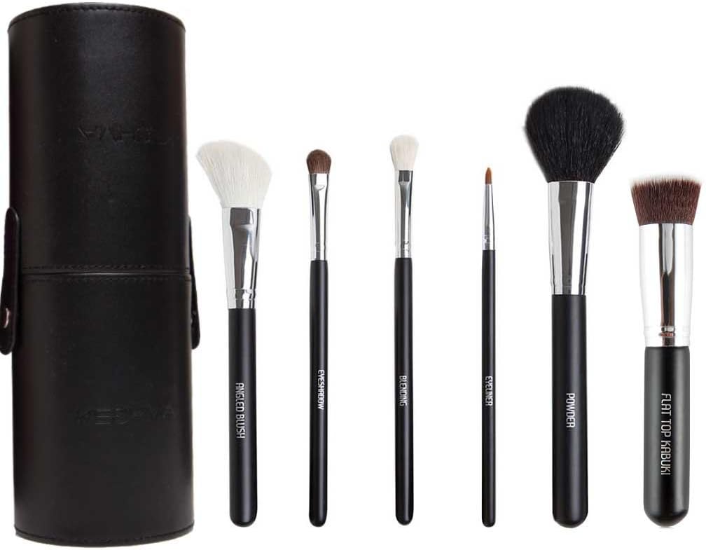 Premium Makeup Brushes Set with Elegant Brush Holder By Keshima - Flat Top Kabuki, Powder Brush, Angled Contour/Blush, Eyeliner/Lip Brush, Blending Brush, Eyeshadow Brush - Makes a Beautiful Gift Set