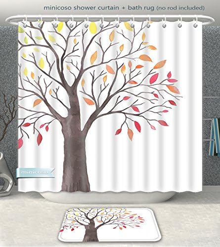 Aireeo Bathroom 2-Piece Suit Apartment Decor Forest Tree with Modern Structure Leaves and Branches Cartoon like Print Multicolor Shower Curtain And Bath Rug Set, 60" Wx71 H &amp; 23" Wx16 H