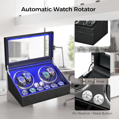 ANWBROAD ANWBROAD Watch Winder for Automatic Watches 4 Watch Rotator and 6 Extra Storages with Super Quiet Mabuchi Motor and LED Backlight Turner Carbon Fiber Shaker 5 Rotating Modes USB UJWW002F