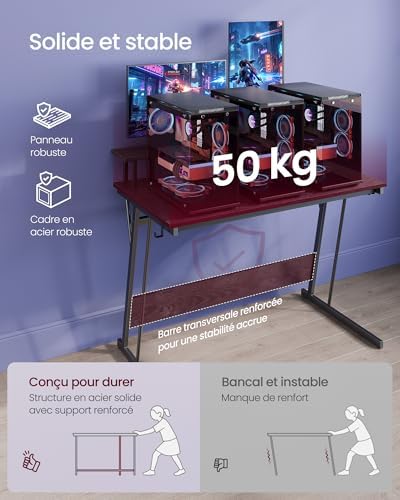 Bureau Gaming avec LED et Multiprise, Table Gamer, Bureau Informatique avec Rehausseur d’Écran, pour 2 Ordinateurs, Chambre, 100 x 55 cm, Noir Boisé LWD191B56V2