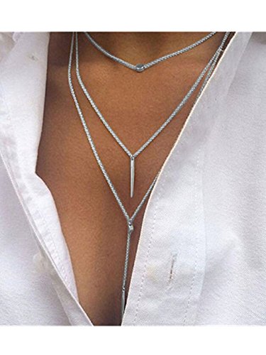 Cuekondy Women Girls Tassel Multilayer Choker Chain Necklace Elegant Alloy Pendant Statement Jewelry (Silver)