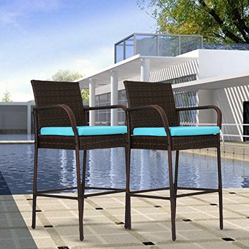 Kinbor Set of 2 Patio Outdoor Wicker Barstool Set Pool Furniture High