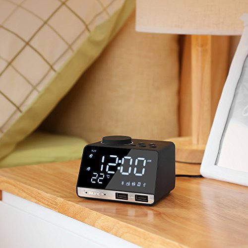 Digital Alarm Clock Radio Thermometer Clock LED Alarm Clock Bluetooth Speaker, Alarm Clock with USB Charging, Snooze, Portable Clock, AUX TF Card Play