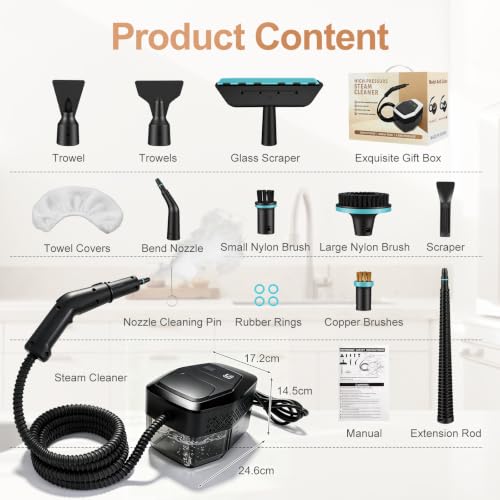 Vaporeta limpieza hogar, limpiador de vapor portátil 1500W, vaporeta de mano calentamiento rápido en 15s, depósito de agua de 1,8 L, con 12 accesorios para coches, negro (Mantenga 3s para comenzar)