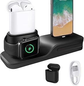 KEHANGDA 3 in 1 Charging Stand for iPhone AirPods Apple Watch Charger Dock Station Silicone,Support for Apple Watch Series 3/2/ 1/ AirPods/iPhone X/8/8 Plus/ 7/7 Plus /6s Black