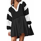 SAUKOLE Women’s Oversized Casual Sweatshirt Patchwork Dress Fall Long Sleeve Trendy Lapel Neck Pleated Mini Dress