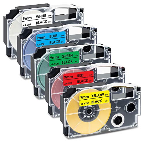 UniPlus Compatible Label Tape Replacement for Casio XR-9WE XR-9RD XR-9BU XR-9YW XR-9GN for EZ Label Maker KL-60 KL-120 KL-HD1 KL-G2 KL-100 KL-130 KL-200 KL-300 CW-L300 KL-820, 9mm x 8m, 5-Pack
