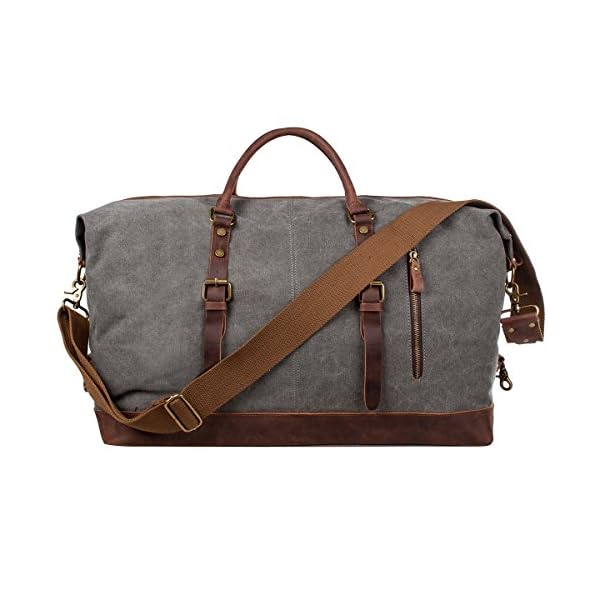 S-ZONE Duffle Bag for Travel 60L Canvas Duffel Bag Carry on Genuine Leather Overnight Weekender Bag for Men