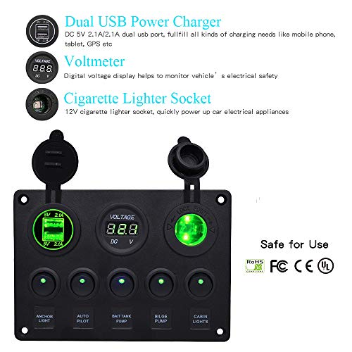 WUPP Marine Boat Rocker Switch Panel 5 6 8 Gang Waterproof ON Off Toggle Switches with Digital Voltage Display 3.1A Double USB Power Charger Adapter 12V Cigarette Lighter Socket for Car Truck Jeep