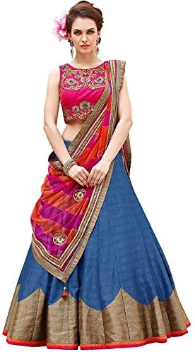 Varibha Silk Lehenga Choli(BBIOLG00153AB01-SLF_PINK & Blue_Free Size)