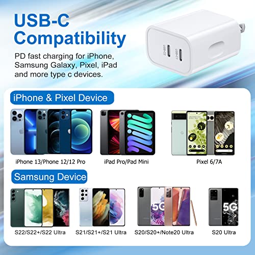 USB C Charger Block, Bangfun 20W Dual Port USB C Power Adapter Fast Chargeur Wall Plug with 6FT Type C Cable Charging Block Brick for iPhone 17 16e 15 Pro Max Plus Pad Air,Pixel 10 9 8 7(White)