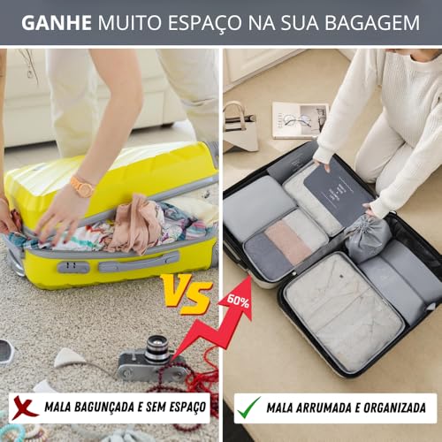 Kit Organizador de Malas para Viagem 7 Peças Conjunto Organizador Completo Bolsas Necessaire Sapatos Maquiagem Roupas Bagagem Organizada (Bege)