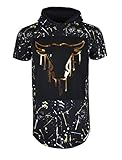 SCREENSHOTBRAND-760 Mens Hip Hop Longline Premium Tee - Pullover Hoodie Embossed T-Shirt w/Side Zipper Bull Print-Black-Small