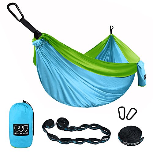 Gold ArmourCamping Hammock - XL Double Hammock Portable Hammock Camping Accessories Gear for Outdoor Indoor with Tree Straps, USA Based Brand (Sky Blue and Lime Green)