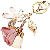 MDFREL Flower Tassel Keychain Rhinestone Leaf Bag Pendant Car Keychain Charms Gift for Women and Girls