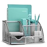 Mindspace Office Desk Organizer with 6 Compartments + Drawer + Pen & Pencil Holder | The Mesh Collection, Silver