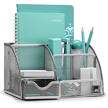 Mindspace Office Desk Organizer with 6 Compartments + Drawer + Pen & Pencil Holder | The Mesh Collection, Silver