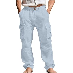 kuweot Linen Cargo Pants Men Casual Lightweight Straight Leg Loose Fit Button Pant Summer Beach Yoga Trousers with Pockets