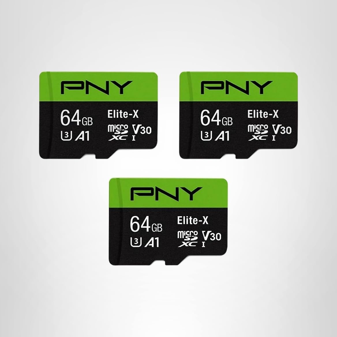 PNY 64GB Elite-X Class 10 U3 V30 microSDXC Flash Memory Card, 3 Count (Pack of 1) - 100MB/s, Class 10, U3, V30, A1, 4K UHD, Full HD, UHS-I, Micro SD
