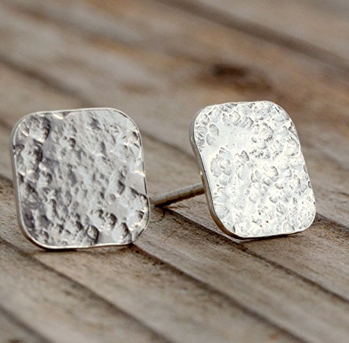 10mm square hammered sterling silver geometric disc stud for men women