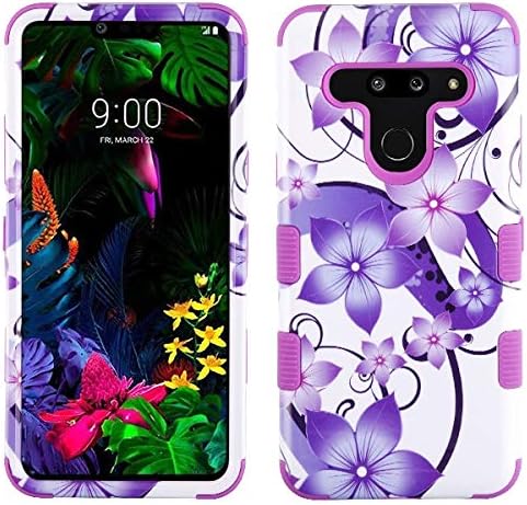 Phonelicious LG G8 Thinq Case Military Grade 3-Layer Armor Hybrid Rugged Silicone Heavy Duty Phone Cover Compatible with LG G8 (Purple Hibiscus)