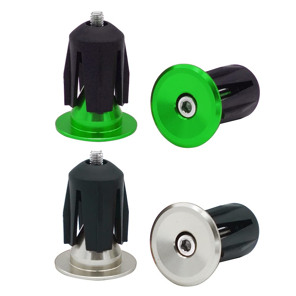 QitinDasen 2 Pairs Bike Handlebar End Plugs, Aluminum Bicycle Bar End Caps, for Road Bike, MTB, BMX (Silver + Green)