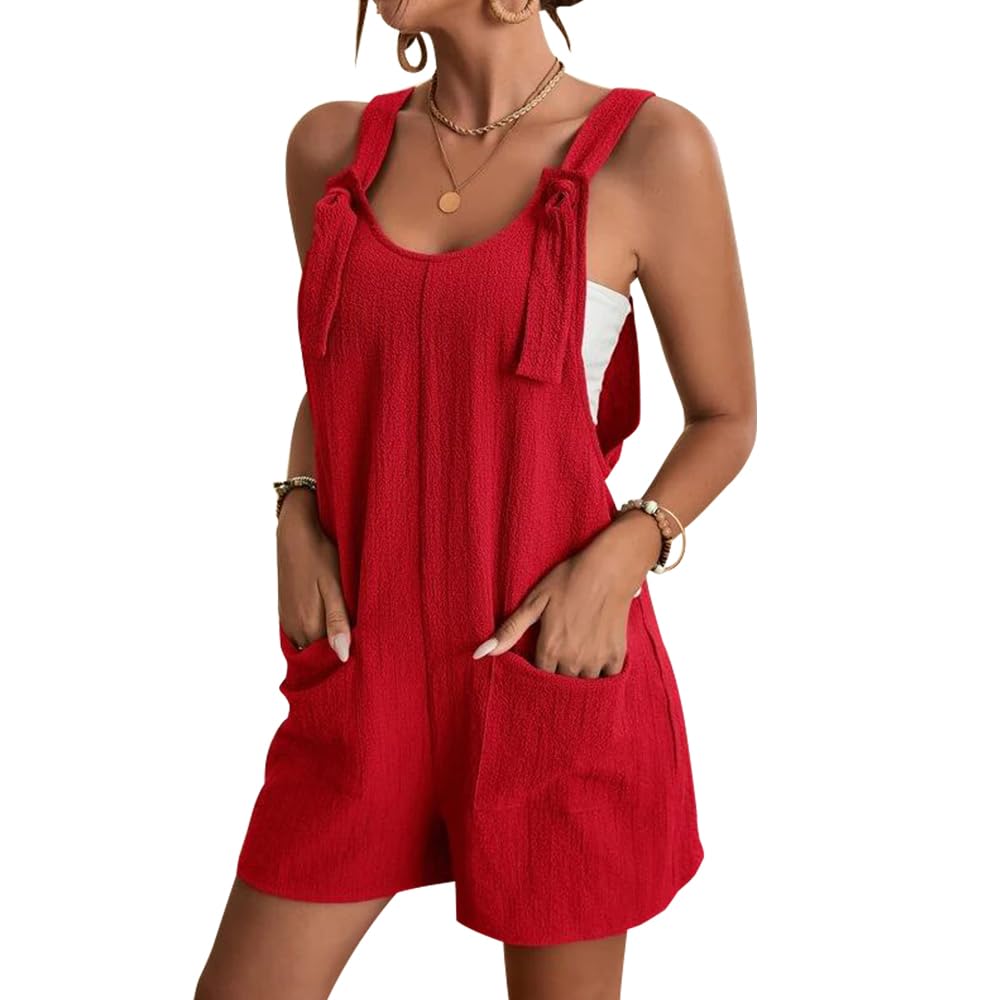 Photo 1 of EGUGYDW Summer Rompers for Women Tie Knot Front Sleeveless Wide Leg Short Jumpsuits Red M