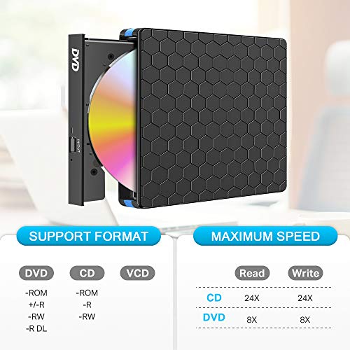 Wsky External CD DVD Drive, USB 3.0 Portable CD DVD Optical Drive, USB C High Speed Writer Burner Drive, Compatible with Laptop Desktop PC Windows XP/2003/Vista/7/8.1/10, Mac OS System, Linux