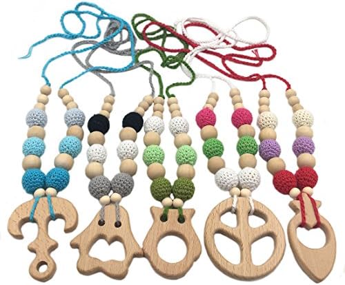 Amyster 5pcs Crochet Beads Baby Teether Necklace Beads Safe Chunky Teething Necklace Wooden Little Animal Wooden Crochet Nursing Teether Baby Toy (5pcs)