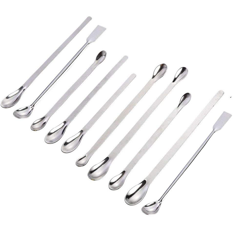 Stainless Steel Micro Spoon, Reagent Laboratory Sampling Spoon, Laboratory Scraper Spoon, Mini Micro Spoon 10 Packs 4 Single Heads, 4 Double Heads, 2 Square Heads(Silver)