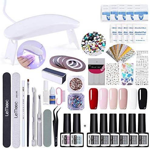 LEMOOC Gel Nail Polish Starter Kit with 6W Mini UV/LED Lamp Base Top Coat 6 Popular Nude Colors Gel Polish Manicure Tools
