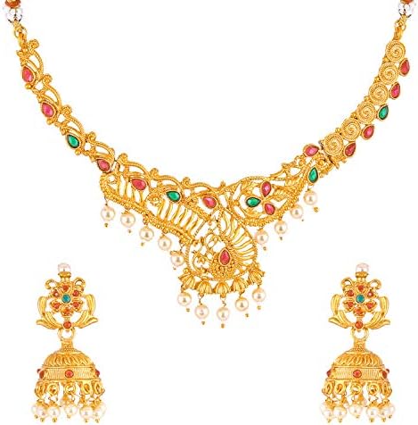 Amaal Temple South Indian Matte Gold Pearl Red Green Traditional Choker Necklace Jewellery Sets Jhumki Earrings for Women Girls Latest -NL-A397
