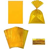 FAZHBARY 100 PCS Gold Cellophane Bags Holiday Cellophane Treat Bags Party Favor Bags 6x9 Candy Bags Treat Bags with Ties