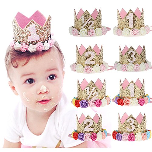 corona de tiara de princesa para bebés, sombrero de primer cumpleaños para niñas / niños, estilo de flor dorada brillante con flor de rosa artificial 