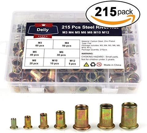 Deliy 215pcs Mixed Zinc Plated Carbon Steel Rivet Nut Kit Threaded Insert Nutsert M3 / 4 / 5 / 6 / 8 / 10 / 12