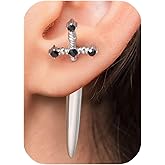 Hypoallergenic Gothic Sword Earrings for Women Men, Stainless Steel Goth Dagger Screw Back Cool Mens Fake Gauge Illusion Jewelry, 18g Ear Jacket Earrings