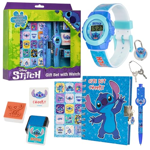Disney Stitch Digital Watch Journal Diary with Lock for Girls Boys Cute Spiral Notebook Pen Stamp Ink Pad Fun Cute Stuff Gifts for Kids