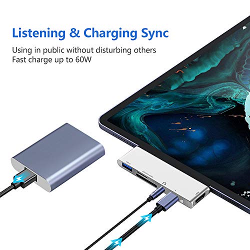 USB C Hub for iPad Pro 2018, USB Type-C to 4K HDMI Adapter w/USB 3.0, SD/TF Card Reader, 3.5mm Headphone Jack, PD Charging (Silver) - Thumbnail 3