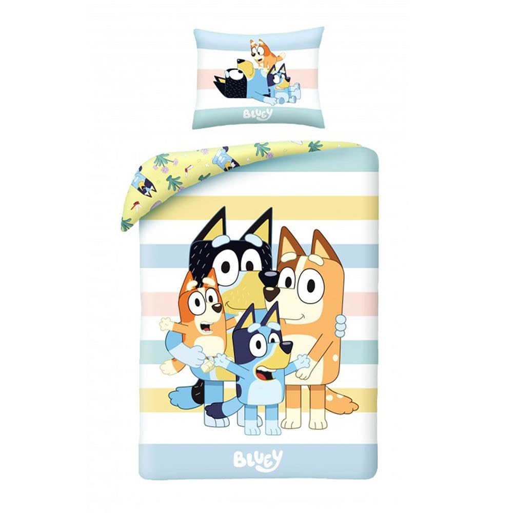 Halantex Bluey Bingo Bandit Chilli Family Bed Set - Reversible Duvet Cover 140x200 cm and Pillowcase 70x90 cm - Multicolor - 100% Cotton, BY-8594BL