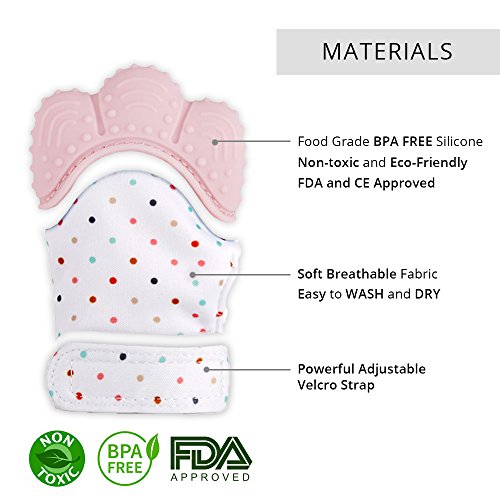 AMA Baby Teething Mitten | BPA Free Teething Toys for Babies | Self-Soothing Pain Relief | Boys - Girls Glove | Non Toxic Massage Teether | Ideal Baby Shower Gift (2 Packs and Handy Gift) (Pink)
