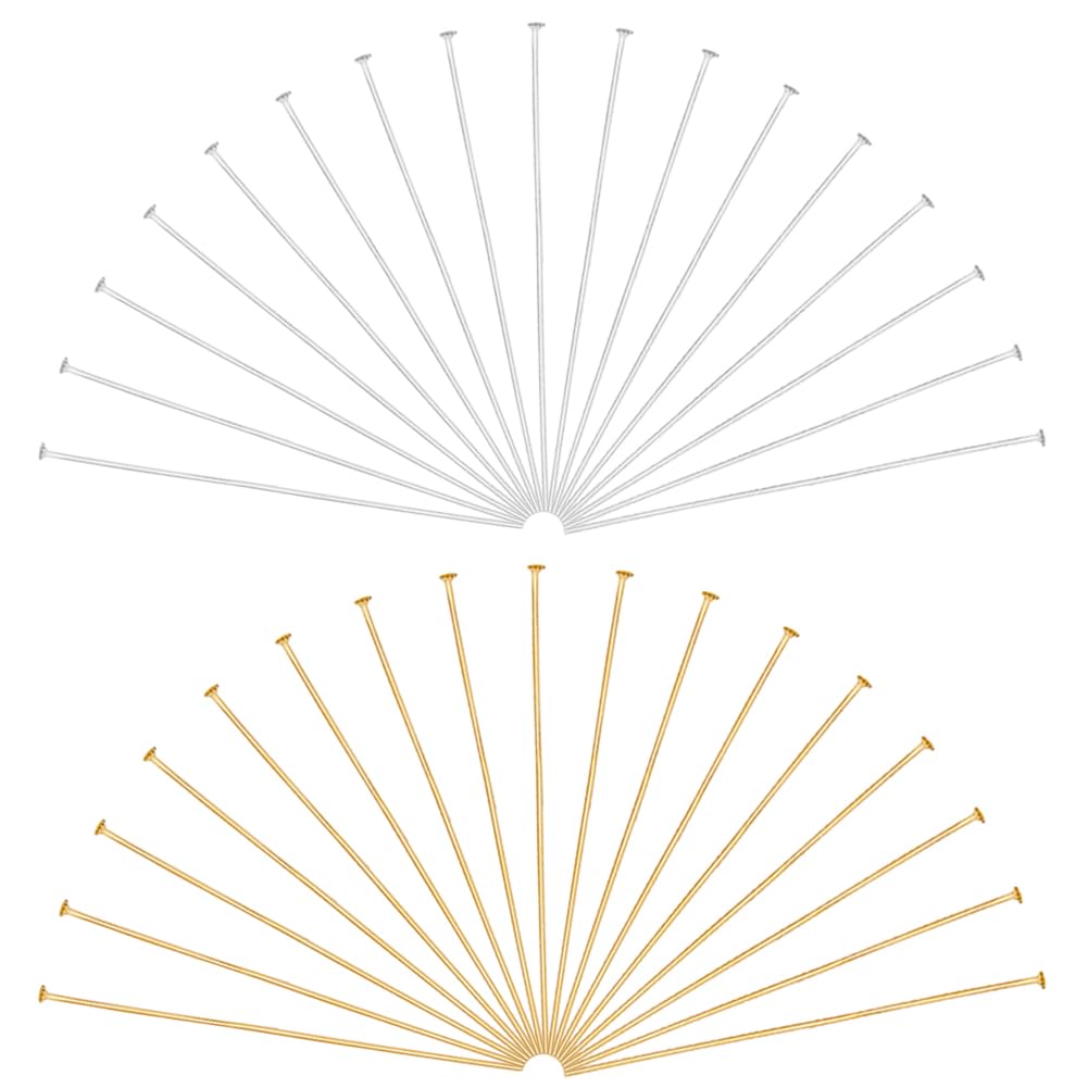 SUNNYCLUE 1 Box 500Pcs 50mm Flat Head Pins Gold Earring Pin Silver Brass Long Earring Findings Pins Small Craft Headpin for jewellery Making Earrings Charms Bracelets Accessories Supplies DIY Crafts