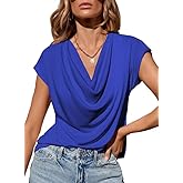 EVALESS Womens Tops Spring Outfits for Women Fashion 2026 Elegant Cowl Neck Short Sleeve T Shirts Blouses for Women Dressy Casual Sexy Off Shoulder Summer Clothes Basic Teacher Shirts,Blue,Medium