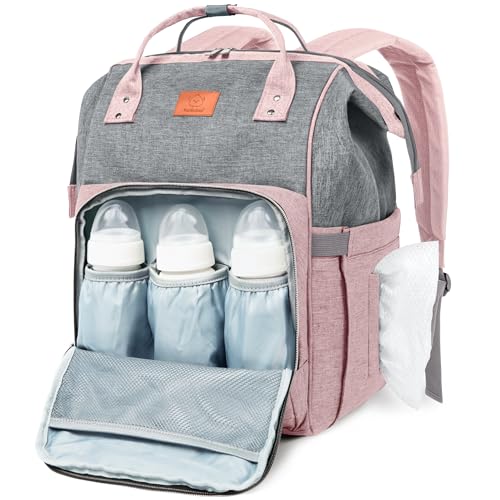 KeaBabies Diaper Bag Backpack, Waterproof Multi Function Baby Travel Bags (Pink Gray)