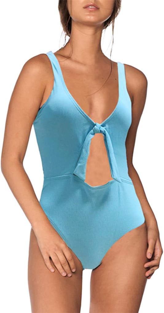 Women Solid Hollow 1 Piece Quick Drying Bow-Knot Bikini Swimsuit Bathing Suit