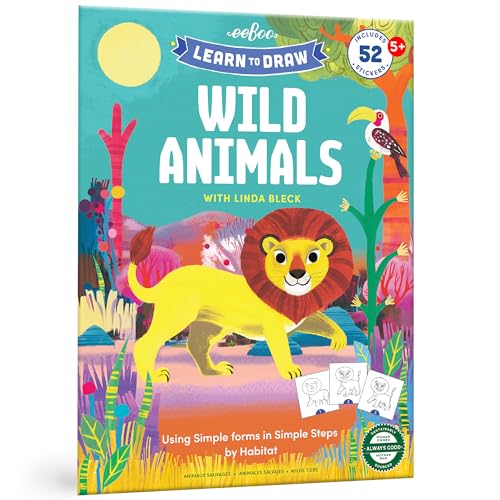 eeBoo: Learn to Draw - Wild Animals - Drawing Guidebook, 50+ Stickers, Themed Step-By-Step Lessons, Simple Forms In Simple Steps, Kids Ages 5+