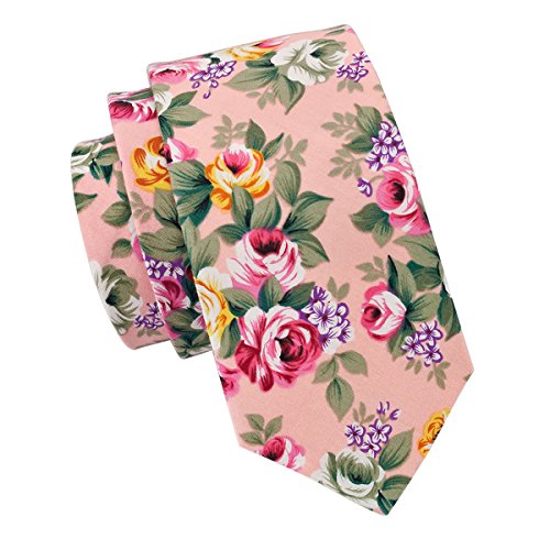 Barry.Wang Mens Pink Necktie Floral Cotton Tie Holiday Casual Tie Gift for Men